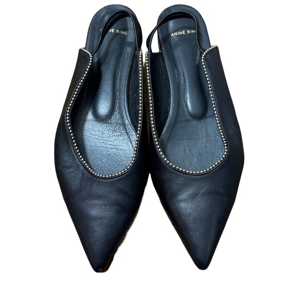 Anine Bing • Callie Slingback Gold Studded Pointed Toe Black Leather Flats 38 - Picture 8 of 13